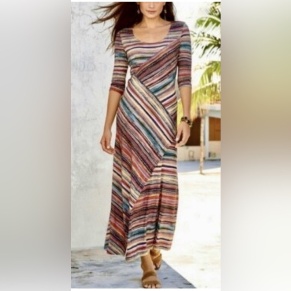 PERUVIAN CONNECTION Monserrato knit jersey maxi dress striped earth tones M